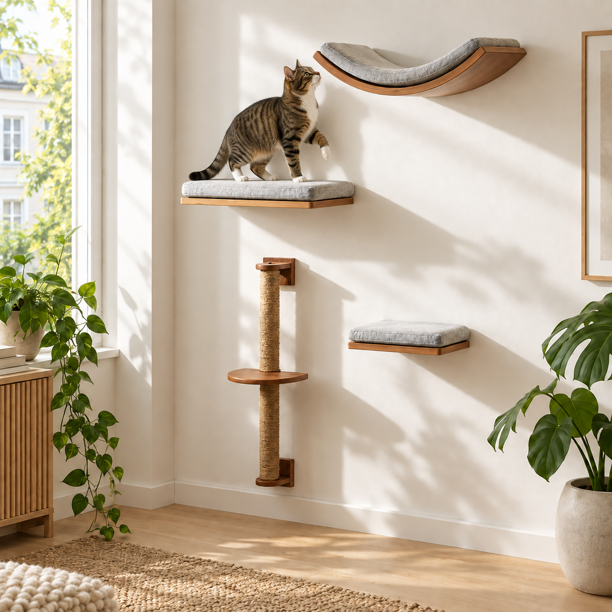 Katzen-Wandregale aus Holz, 11 Bauteile zum Kombinieren